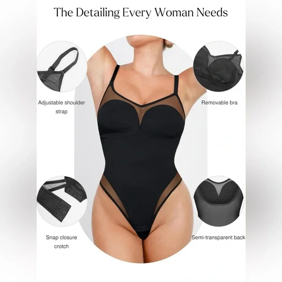 NWT Popilush Shapewear Bodysuit Tummy Control Mesh Bodysuits with Built in Bra - Picture 3 of 8